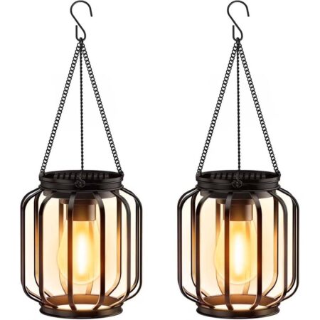 Diigabo 2-Pack Solar Hanging Lanterns Outdoor Metal Waterproof LED Lights with Hook Warm Bright Decorative Lanterns for Yard Garden Patio