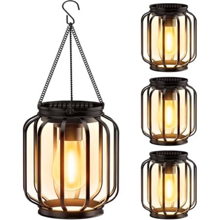 Diigabo 4-Pack Solar Hanging Lanterns Outdoor Metal Waterproof LED Lights with Hook Warm Bright Decorative Lanterns for Yard Garden Patio