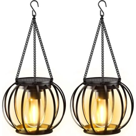 Diigabo 2-Pack Hanging Lanterns Ourdoor Metal Solar Powered Waterproof Lanterns with Hook for Patio Garden Yard Pathway Holiday Decor