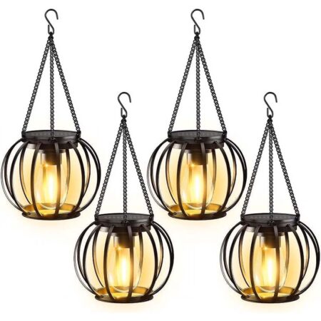 Diigabo 4-Pack Hanging Lanterns Ourdoor Metal Solar Powered Waterproof Lanterns with Hook for Patio Garden Yard Pathway Holiday Decor