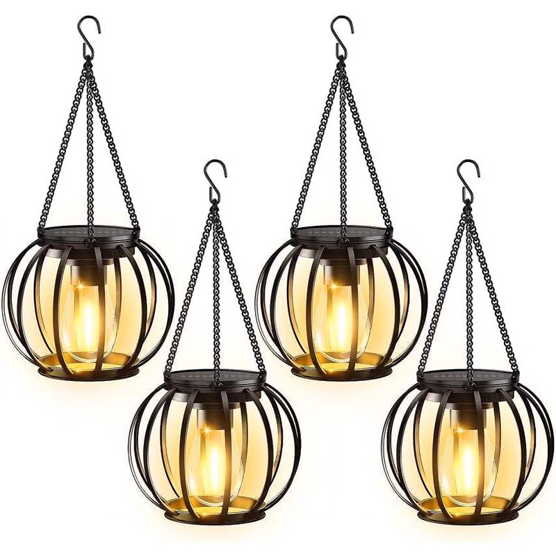 Diigabo 4-Pack Hanging Lanterns Ourdoor Metal Solar Powered Waterproof Lanterns with Hook for Patio Garden Yard Pathway Holiday Decor