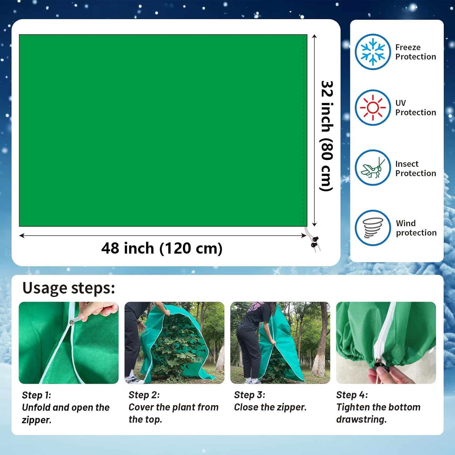 Diigabo 4-Pack Plant Covers Freeze Protection (32" x 48") Zipper Drawstring Reusable Shrub Covers for Frost Winter Cold Weather - Image 2