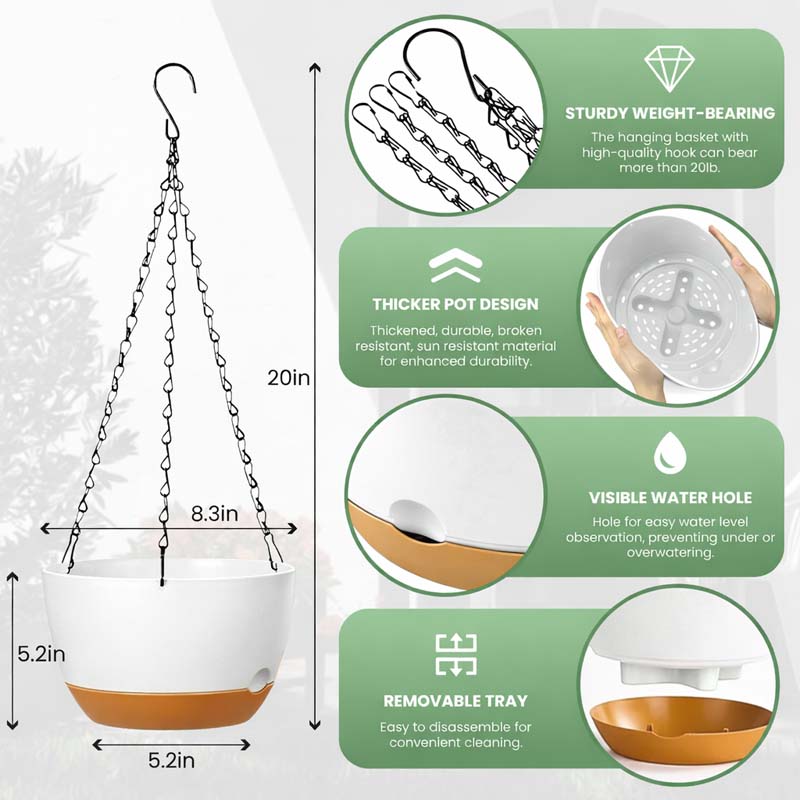 Diigabo 3-Pack Self-Watering Hanging Planters with Drainage Hole, 8.3" Flower Pots with Chains & Hooks for Indoor Outdoor Balcony Garden Patio Décor(White) - Image 7