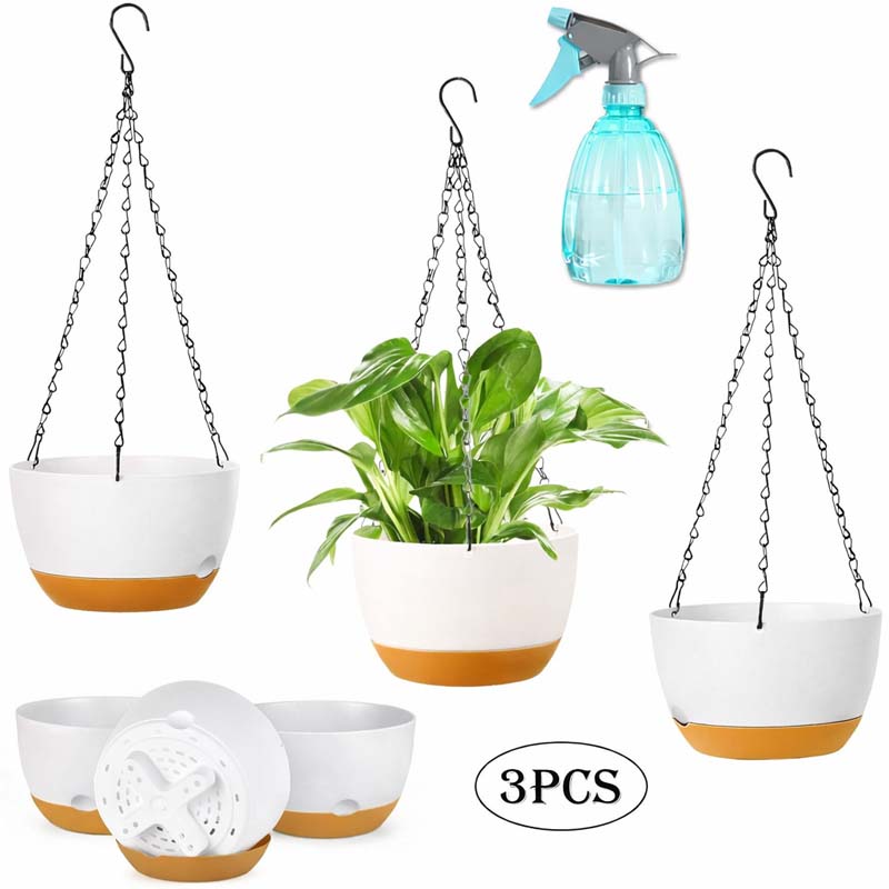 Diigabo 3-Pack Self-Watering Hanging Planters with Drainage Hole, 8.3" Flower Pots with Chains & Hooks for Indoor Outdoor Balcony Garden Patio Décor(White)
