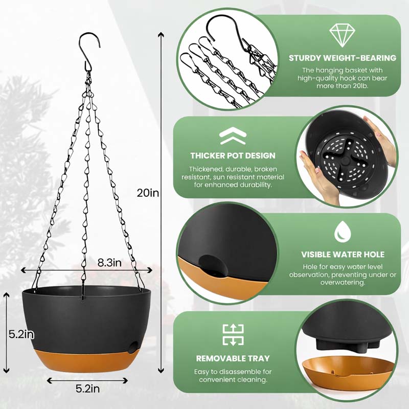 Diigabo 3-Pack Self-Watering Hanging Planters with Drainage Hole, 8.3" Flower Pots with Chains & Hooks for Indoor Outdoor Balcony Garden Patio Décor(Black) - Image 7