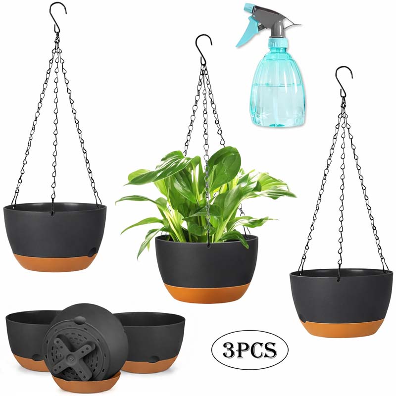Diigabo 3-Pack Self-Watering Hanging Planters with Drainage Hole, 8.3" Flower Pots with Chains & Hooks for Indoor Outdoor Balcony Garden Patio Décor(Black)