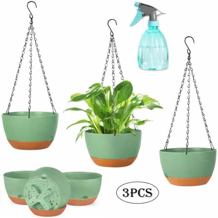 Diigabo 3-Pack Self-Watering Hanging Planters with Drainage Hole, 8.3" Flower Pots with Chains & Hooks for Indoor Outdoor Balcony Garden Patio Décor(Green)