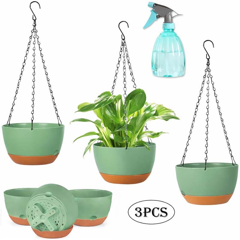 Diigabo 3-Pack Self-Watering Hanging Planters with Drainage Hole, 8.3" Flower Pots with Chains & Hooks for Indoor Outdoor Balcony Garden Patio Décor(Green)