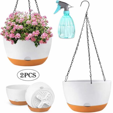 Diigabo 2-Pack 10-Inch Self-Watering Hanging Planters with Drainage Hole, Flower Pots with Chains & Hooks for Indoor Outdoor Balcony Garden Patio Décor(White)