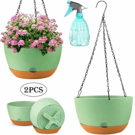 Diigabo 2-Pack 10-Inch Self-Watering Hanging Planters with Drainage Hole, Flower Pots with Chains & Hooks for Indoor Outdoor Balcony Garden Patio Décor(Green)