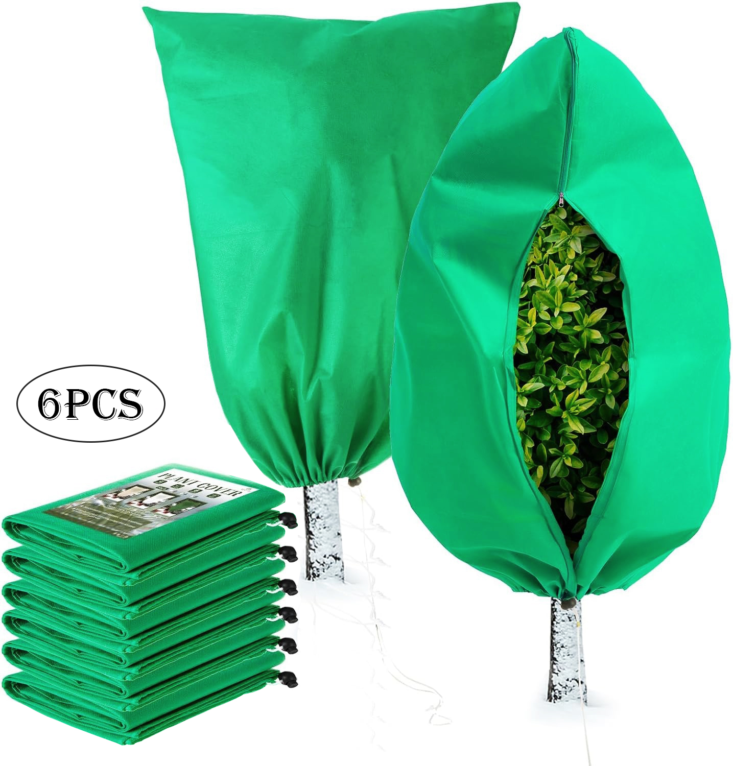 Diigabo 6-Pack Plant Covers Freeze Protection (32" x 48") Zipper Drawstring Reusable Shrub Covers for Frost Winter Cold Weather