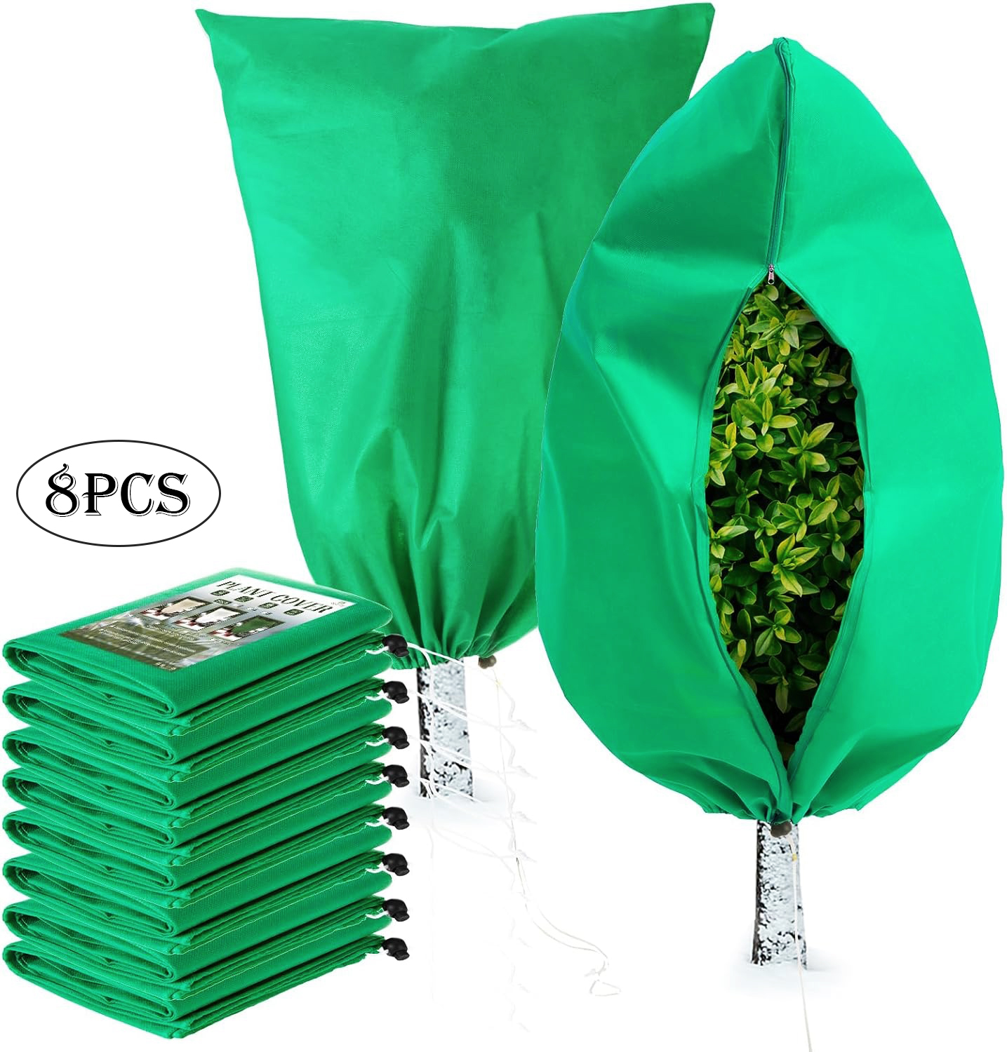 Diigabo 8-Pack Plant Covers Freeze Protection (32" x 48") Zipper Drawstring Reusable Shrub Covers for Frost Winter Cold Weather