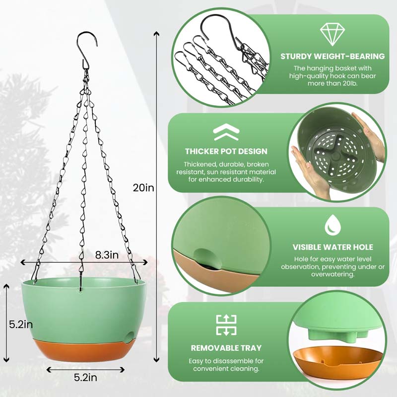 Diigabo 3-Pack Self-Watering Hanging Planters with Drainage Hole, 8.3" Flower Pots with Chains & Hooks for Indoor Outdoor Balcony Garden Patio Décor(Green) - Image 8