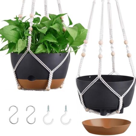 Diigabo 2-Pack 8-inch Self-Watering Hanging Planters with Macrame Hanger Indoor Plastic Plant Pots with Drainage Hole&Saucers Flower Baskets for Outdoor Garden Home Ceiling Decor(Black)