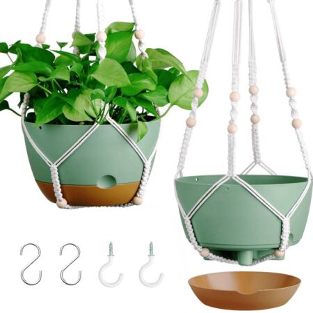 Diigabo 2-Pack 8-inch Self-Watering Hanging Planters with Macrame Hanger Indoor Plastic Plant Pots with Drainage Hole&Saucers Flower Baskets for Outdoor Garden Home Ceiling Decor(Green)