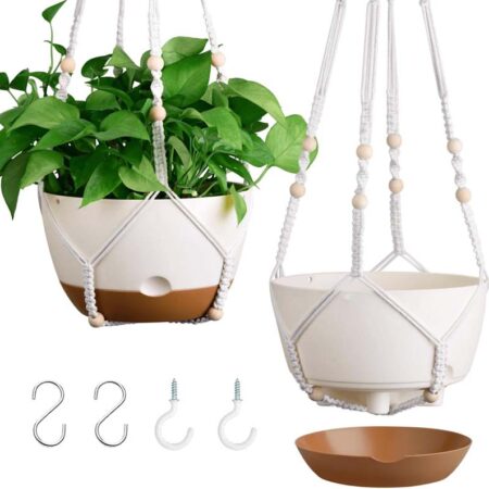 Diigabo 2-Pack 8-inch Self-Watering Hanging Planters with Macrame Hanger Indoor Plastic Plant Pots with Drainage Hole&Saucers Flower Baskets for Outdoor Garden Home Ceiling Decor(White)
