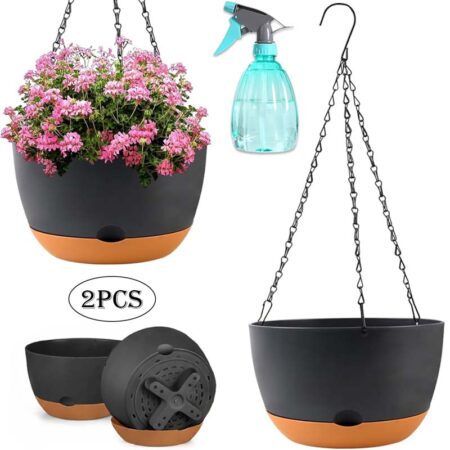 Diigabo 2-Pack 10-Inch Self-Watering Hanging Planters with Drainage Hole, Flower Pots with Chains & Hooks for Indoor Outdoor Balcony Garden Patio Décor(Black)