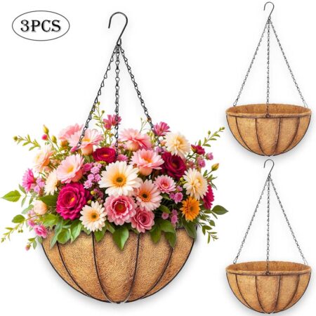 Diigabo 3-Pack Metal Hanging Planter 10-Inch Baskets Coconut Coir Liners Rustproof Iron Frame with Hook for Indoor Outdoor Porch Garden Décor