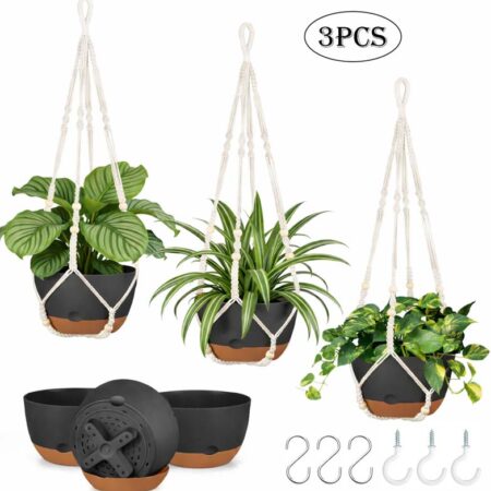 Diigabo 3-Pack 8-inch Self-Watering Hanging Planters with Macrame Hanger Indoor Plastic Plant Pots with Drainage Hole&Saucers Flower Baskets for Outdoor Garden Home Ceiling Decor(Black)