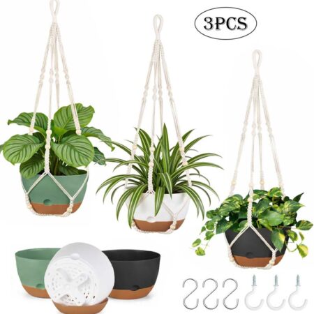 Diigabo 3-Pack 8-inch Self-Watering Hanging Planters with Macrame Hanger Indoor Plastic Plant Pots with Drainage Hole&Saucers Flower Baskets for Outdoor Garden Home Ceiling Decor(Multi-color)
