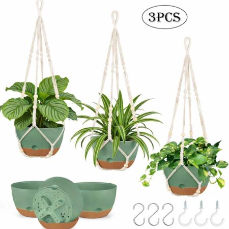 Diigabo 3-Pack 8-inch Self-Watering Hanging Planters with Macrame Hanger Indoor Plastic Plant Pots with Drainage Hole&Saucers Flower Baskets for Outdoor Garden Home Ceiling Decor(Green)