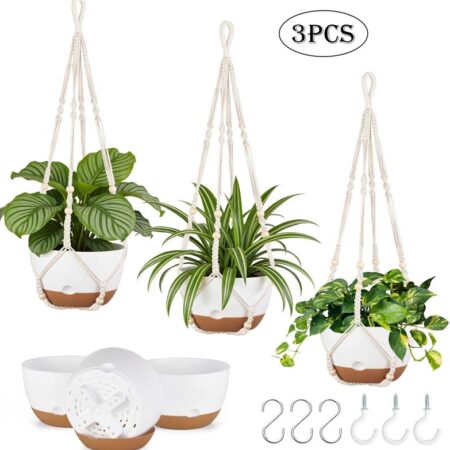Diigabo 3-Pack 8-inch Self-Watering Hanging Planters with Macrame Hanger Indoor Plastic Plant Pots with Drainage Hole&Saucers Flower Baskets for Outdoor Garden Home Ceiling Decor(White)