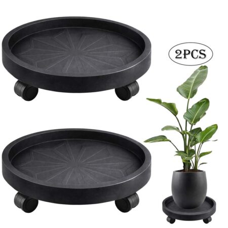 Diigabo 2 Pack 14 Inch Round Plant Caddy with 4 Wheels, Heavy Duty Rolling Plant Stand, Wheeled Planter Saucer Tray Trolley for Planter Pot Indoor Outdoor, Black