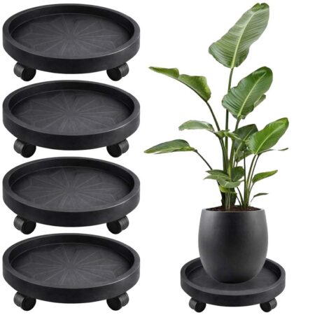 Diigabo 4 Pack 14 Inch Round Plant Caddy with 4 Wheels, Heavy Duty Rolling Plant Stand, Wheeled Planter Saucer Tray Trolley for Planter Pot Indoor Outdoor, Black