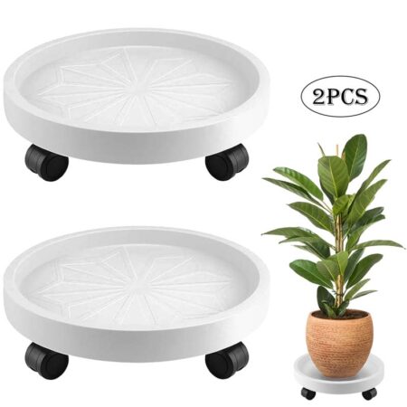 Diigabo 2 Pack 14 Inch Round Plant Caddy with 4 Wheels, Heavy Duty Rolling Plant Stand, Wheeled Planter Saucer Tray Trolley for Planter Pot Indoor Outdoor, White