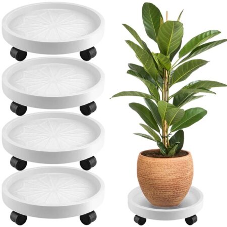 Diigabo 4 Pack 14 Inch Round Plant Caddy with 4 Wheels, Heavy Duty Rolling Plant Stand, Wheeled Planter Saucer Tray Trolley for Planter Pot Indoor Outdoor, White