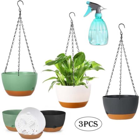 Diigabo 3-Pack Self-Watering Hanging Planters with Drainage Hole, 8.3" Multi-Color Flower Pots with Chains & Hooks for Indoor Outdoor Balcony Garden Patio Décor(Multi-color)