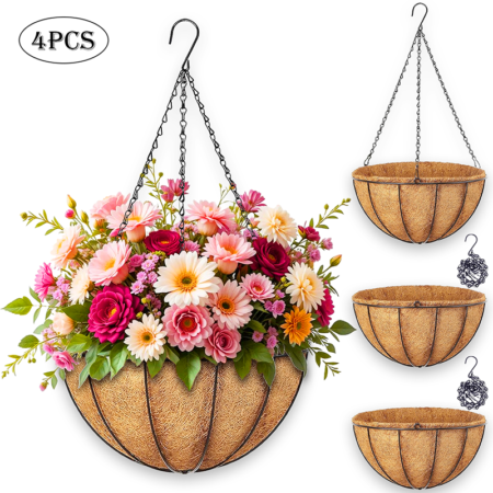 Diigabo 4-Pack Metal Hanging Planter 16-Inch Baskets Coconut Coir Liners Rustproof Iron Frame with Hook for Indoor Outdoor Porch Garden Decor