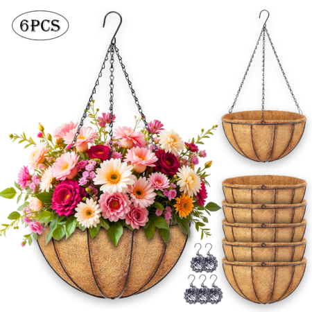 Diigabo 6-Pack Metal Hanging Planter 10-Inch Baskets Coconut Coir Liners Rustproof Iron Frame with Hook for Indoor Outdoor Porch Garden Décor