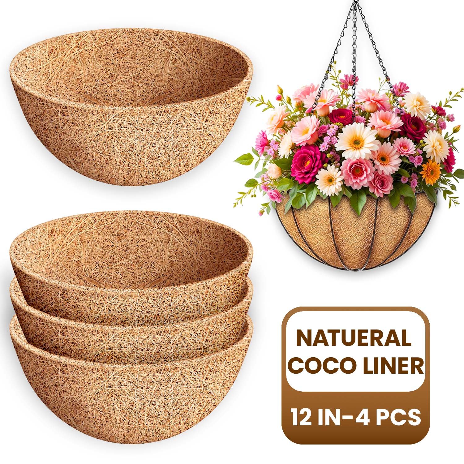 Diigabo 4 Pack 12 Inch Coco Liners for Planters, 100% Natural Round Coconut Coir Hanging Basket Replacement Liners for Flowers, Vegetables, Garden