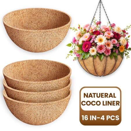 Diigabo 4 Pack 16 Inch Coco Liners for Planters, 100% Natural Round Coconut Coir Hanging Basket Replacement Liners for Flowers, Vegetables, Garden
