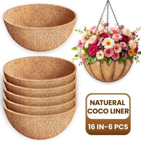 Diigabo 6 Pack 16 Inch Coco Liners for Planters, 100% Natural Round Coconut Coir Hanging Basket Replacement Liners for Flowers, Vegetables, Garden