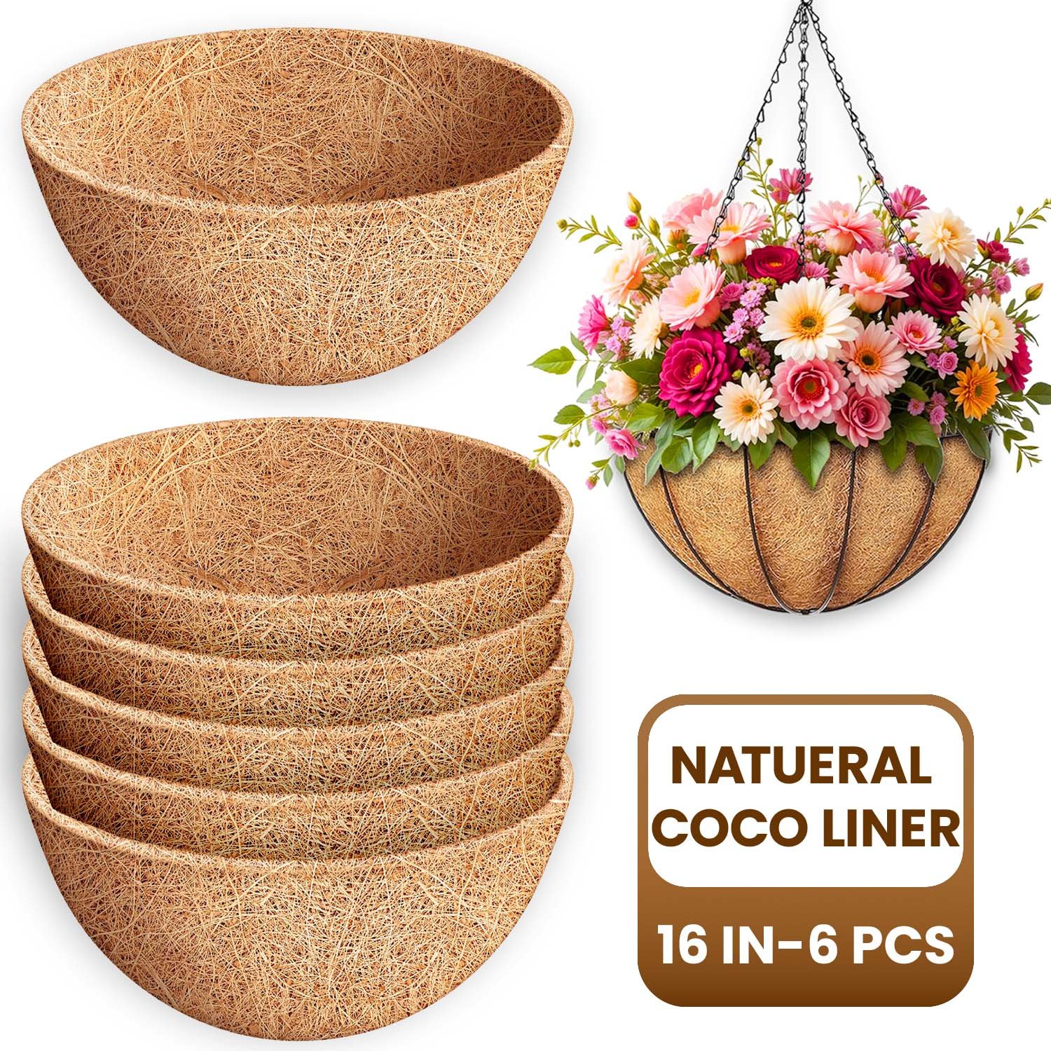 Diigabo 6 Pack 16 Inch Coco Liners for Planters, 100% Natural Round Coconut Coir Hanging Basket Replacement Liners for Flowers, Vegetables, Garden