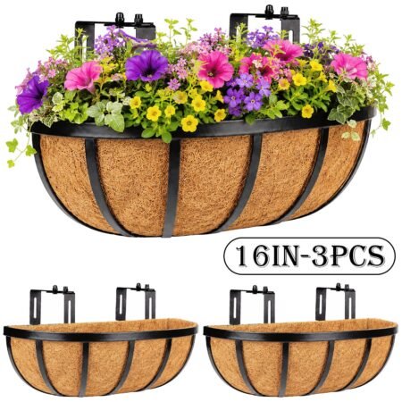 Diigabo 3 Pack 16 Inch Heavy Duty Railing Planter Boxes with Coconut Coir Liners, Adjustable Metal Window Boxes, Hanging Flower Baskets for Outdoor Deck Fence and Balcony