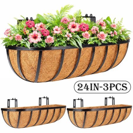 Diigabo 3 Pack 24 Inch Heavy Duty Railing Planter Boxes with Coconut Coir Liners, Adjustable Metal Window Boxes, Hanging Flower Baskets for Outdoor Deck Fence and Balcony