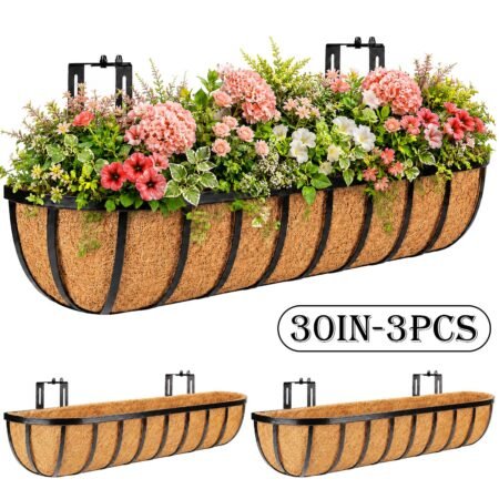 Diigabo 3 Pack 30 Inch Heavy Duty Railing Planter Boxes with Coconut Coir Liners, Adjustable Metal Window Boxes, Hanging Flower Baskets for Outdoor Deck Fence and Balcony
