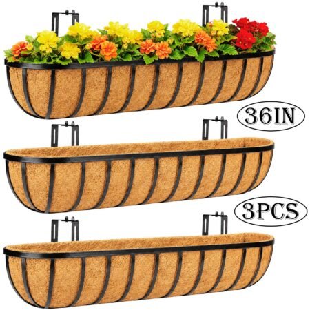 Diigabo 3 Pack 36 Inch Heavy Duty Railing Planter Boxes with Coconut Coir Liners, Adjustable Metal Window Boxes, Hanging Flower Baskets for Outdoor Deck Fence and Balcony