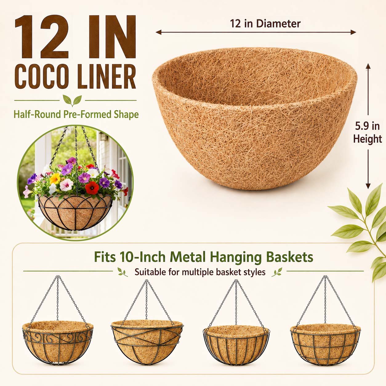 Diigabo 6 Pack 12 Inch Coco Liners for Planters, 100% Natural Round Coconut Coir Hanging Basket Replacement Liners for Flowers, Vegetables, Garden - Image 8