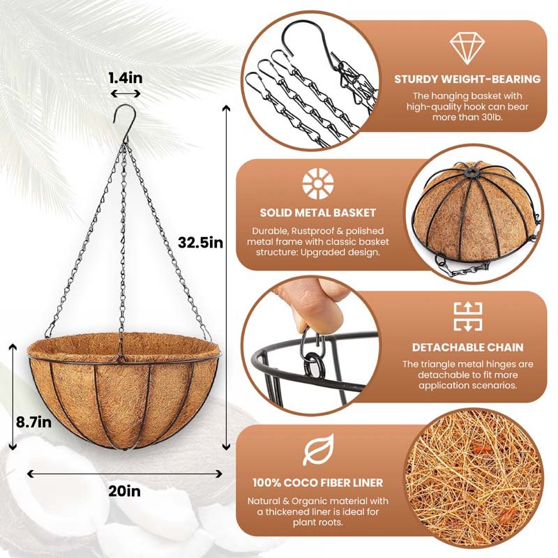 Diigabo 3-Pack Metal Hanging Planter 20-Inch Baskets Coconut Coir Liners Rustproof Iron Frame with Hook for Indoor Outdoor Porch Garden Decor - Image 7